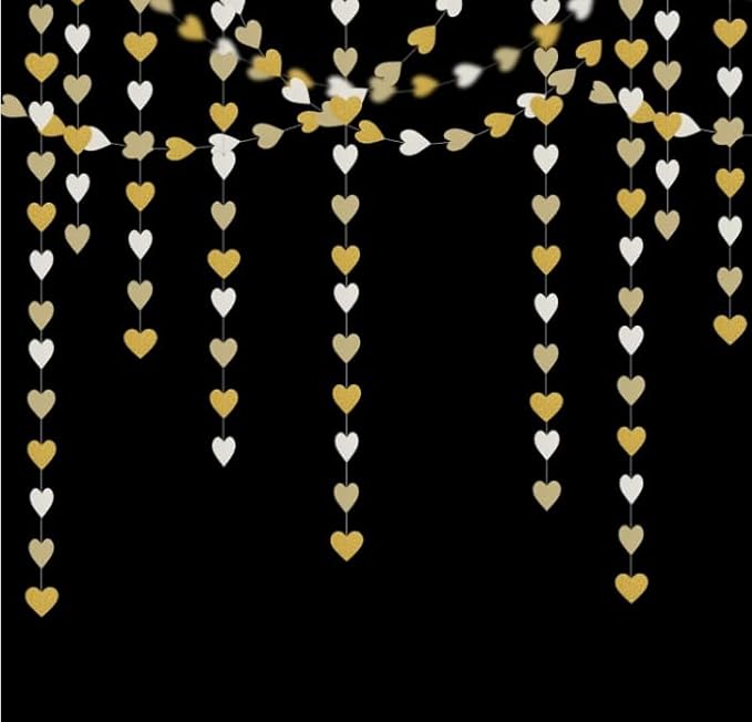 White and Gold Heart Garland Hanging Decorations, 52 Feet, Hanging Streamers for Christmas Party, Wedding, Birthday Parties, Graduations Parties, Valentine, Bridal Showersal (Gold-White Heart)