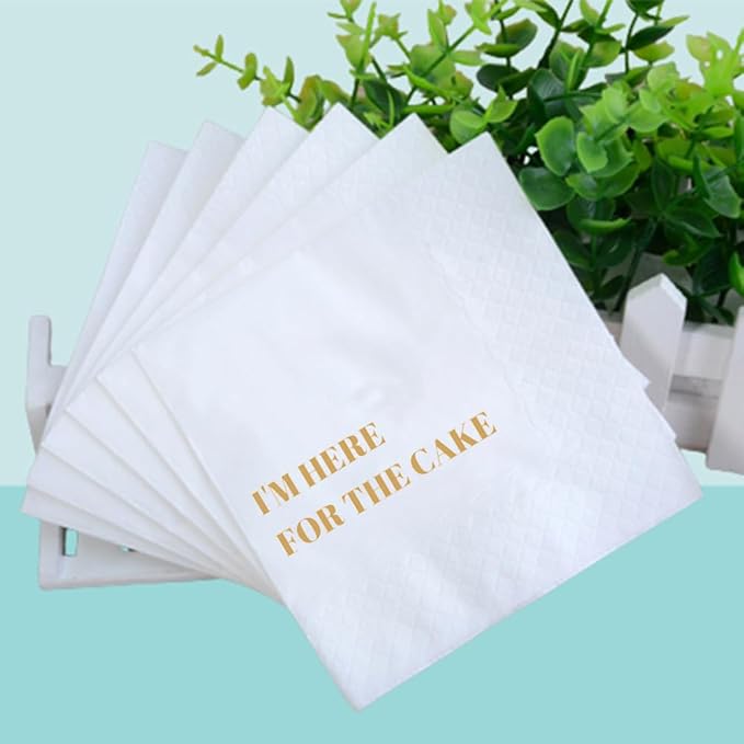 Funny Cocktail Napkins 100Pcs Funny Quotes Saying Disposable Paper Party Napkins 4.5 x 4.5 Two-ply (I'm Here for the Cake Napkins)