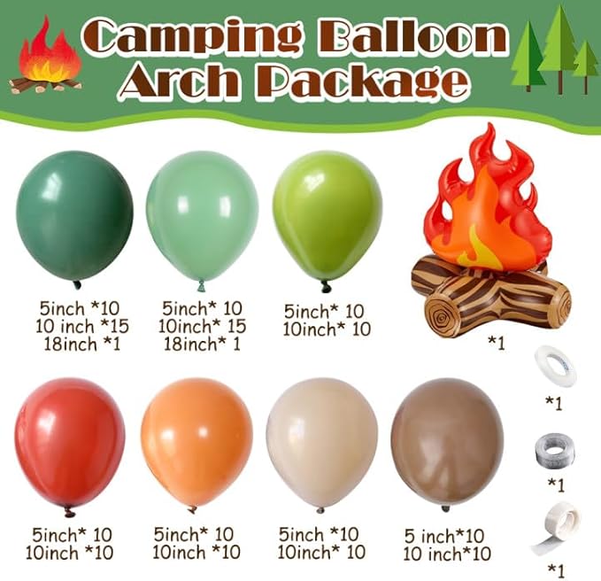 Camping Balloon Arch Kit, Dark Sage Green Orange and Brown Latex Balloons with Campfire Foil Balloon, 157Pcs for Camping Forest Jungle Safari Woodland Birthday Party Decorations