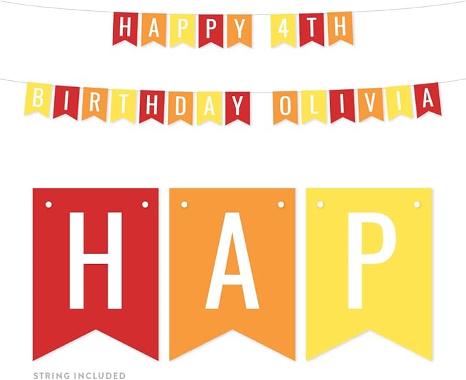 Andaz Press Personalized Hanging Pennant Banner Party Decorations, Rainbow Red Orange Yellow, Happy 4th Birthday Olivia, 1-Pack, Approx. 5-Feet, Custom Name and Number
