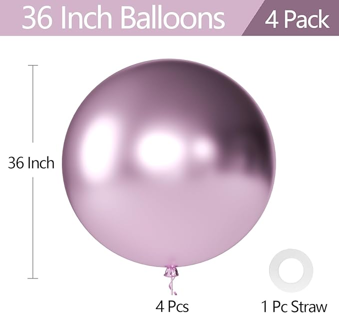 KALOR Metallic Pink Giant Balloons 36 Inch Large Latex Balloons, 4 Pack Jumbo Round Helium Balloon for Birthday Bridal Shower Wedding Baby Shower Party Decorations