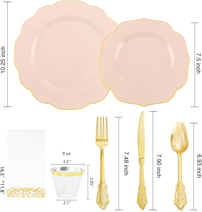 NOCCUR 175PCS Pink Plates with Gold Disposable Silverware - Include 50 Pink Plastic Plates,25 Knives,25 Forks,25 Spoons,25 Cups and 25 Napkins - Ideal for Party/Wedding/Easter Day