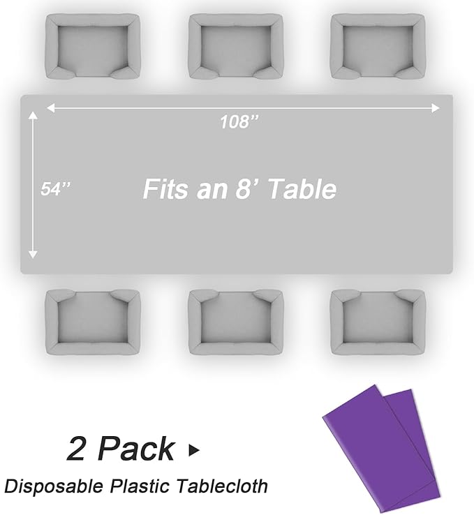 QIKSION Purple Plastic Table Cloth Disposable 2 Pack, 54 x 108 Inch Tablecloths for Party, Birthday, Graduation, Halloween Decorations, Rectangle Table Cover