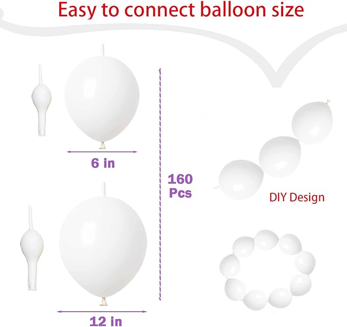 Link Balloons White 6 Inch 12 Inch Latex Quick Linkale Balloon 160 Pcs for Birthday, Halloween, Christmas, Party Festival Decorations