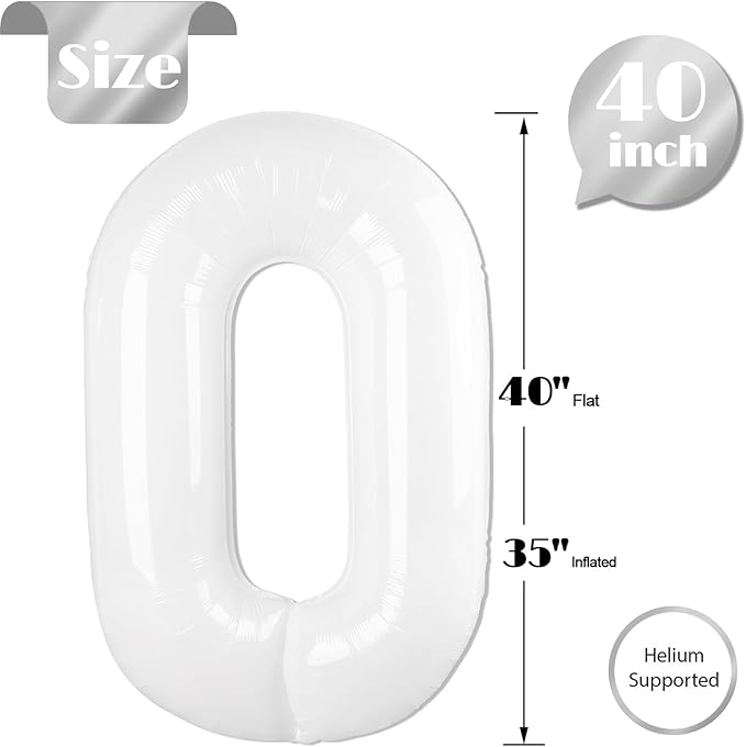 White Number Balloon 40 Inch, Translucent 0 Number Balloons, 10 20 30 40 50 Numbers Balloon Birthday Decorations, White Party Supplies for Women Men