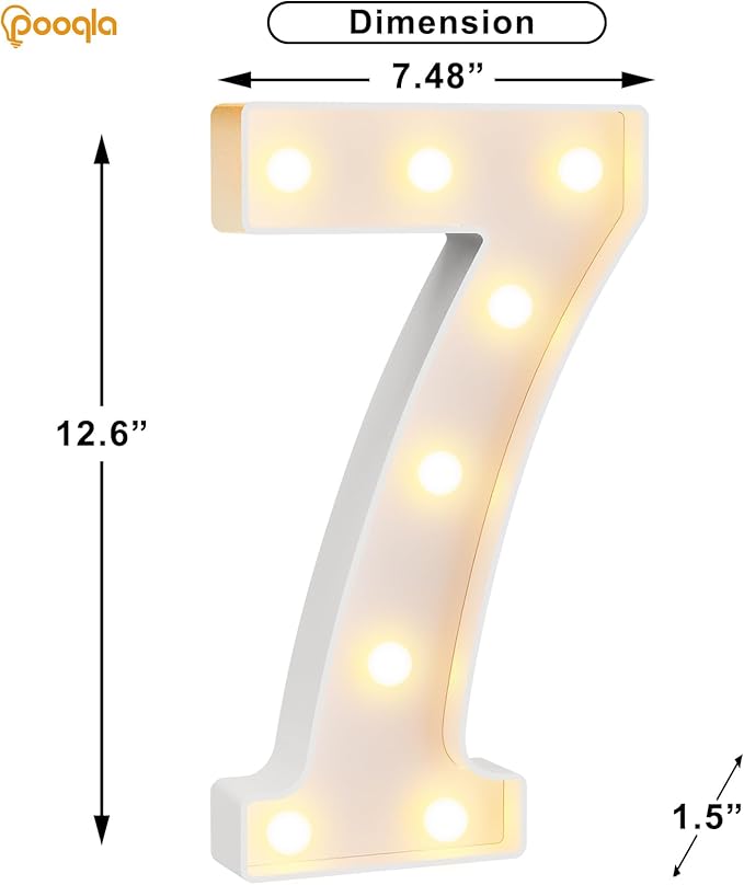 Pooqla Large Light Up Numbers for 7th Birthday Decorations, 12.6 in Tall White Plastic Marquee Numbers Sign Party Decorations, Gift for Girls Boys Night Light Wedding Anniversary Decor, Big Number 7