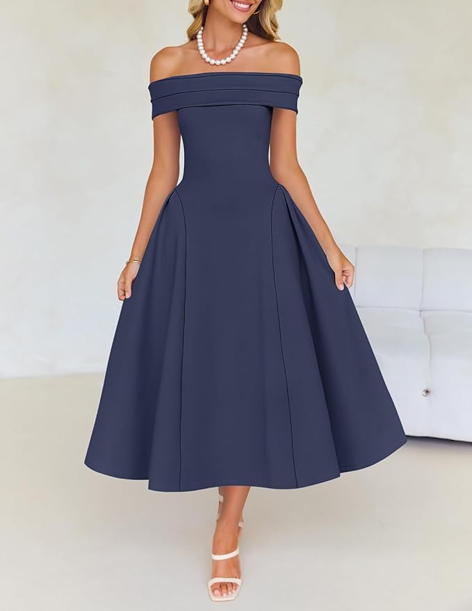 ZESICA Summer 2026 Cocktail Dresses for Women's Off Shoulder Short Sleeve Swing A Line Wedding Evening Party Midi Dress