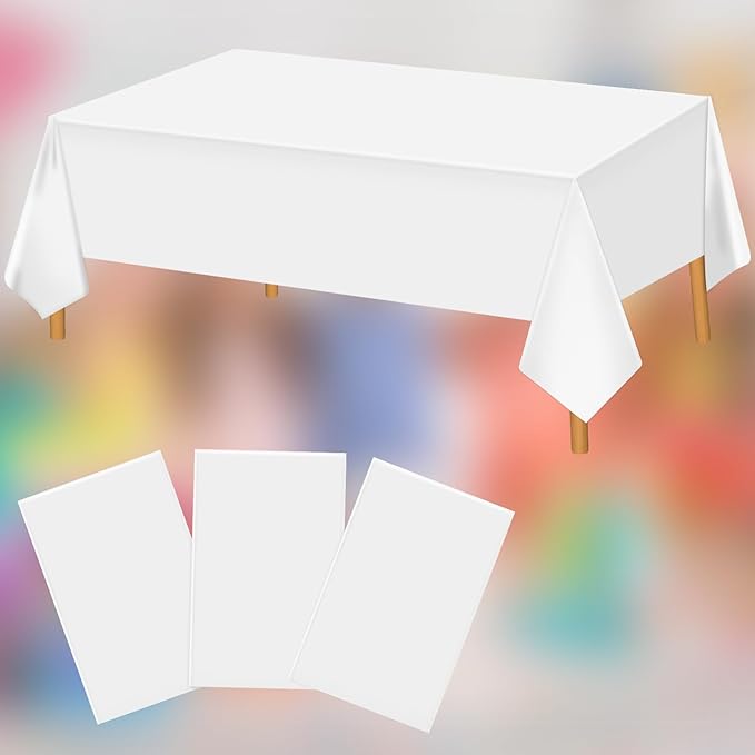 Hxezoc 3 Pack White Disposable Plastic Tablecloths, 54 x 108 Inches Waterproof Table Cover for Wedding Birthday Party Baby Shower Decorations Outdoor Indoor Party Supplies