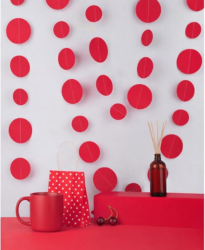 Red Paper Garland Circle Dot Party Banner Wall Streamers Backdrop Ceiling Hanging Decorations, 20 Feet in Total