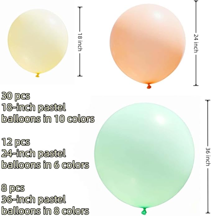 50 Pack Pastel Balloons 18 24 36 Inch Macaron Rainbow Colors balloon Various Sizes, for Baby Shower, Birthday, Wedding, Easter Party Decorations