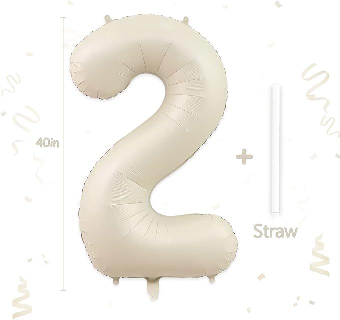 Number 2 Balloon, 2 Balloon, 2 Balloon Number 40 Inch, Sand White Large Big Foil Number Balloons for 2 Birthday Party Wedding Anniversary Baby Shower Bachelorette Decoration Supplies