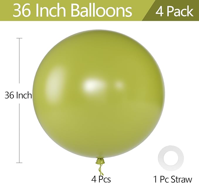 KALOR Avocado Green Giant Balloons 36 Inch Large Latex Balloons, 4 Pack Jumbo Round Helium Balloon for Birthday Bridal Shower Wedding Baby Shower Party Decorations