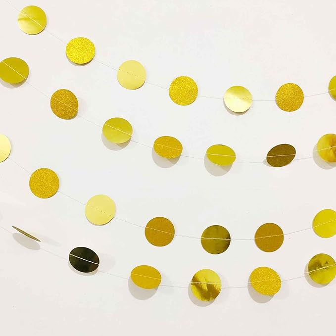 We Moment 50ft Glitter Gold Circle Dots Garlands - Paper Circle Dot Garland Party Backdrop - Hanging Decor for Wedding, Birthday, Baby Shower
