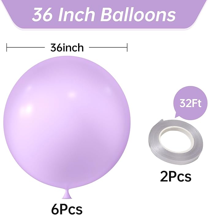 KALOR 36 Inch Giant Pastel Purple Balloons, 6 Pack Large Round Pastel Purple Latex Balloons for Anniversary, Birthday, Christmas, Wedding, Baby Shower Party Decorations