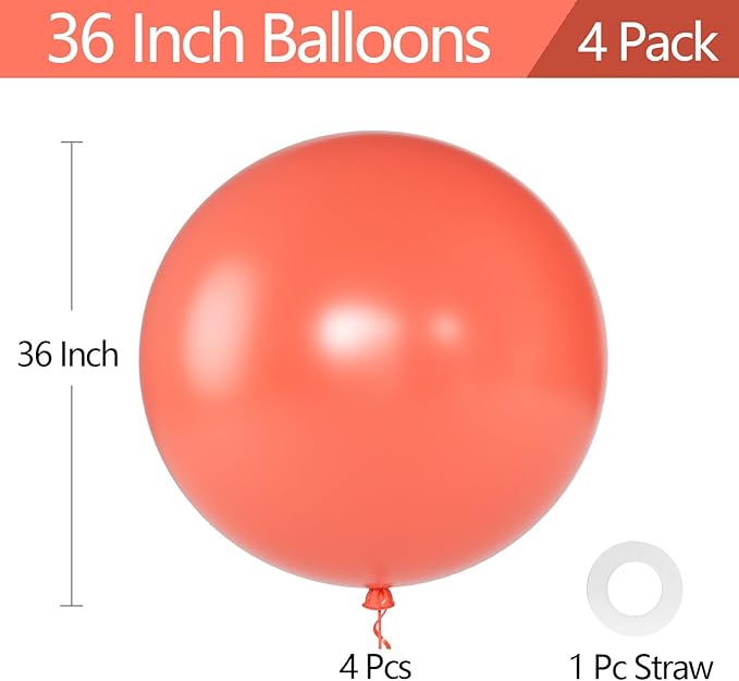 KALOR Coral Red Giant Balloons 36 Inch Large Latex Balloons, 4 Pack Jumbo Round Helium Balloon for Birthday Bridal Shower Wedding Baby Shower Party Decorations
