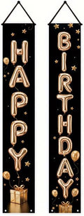 Birthday Decor Banner 12x71 Inches, Happy Birthday Door Hanging Sign, Black and Gold Party Decorations for Indoor Outdoor Celebration