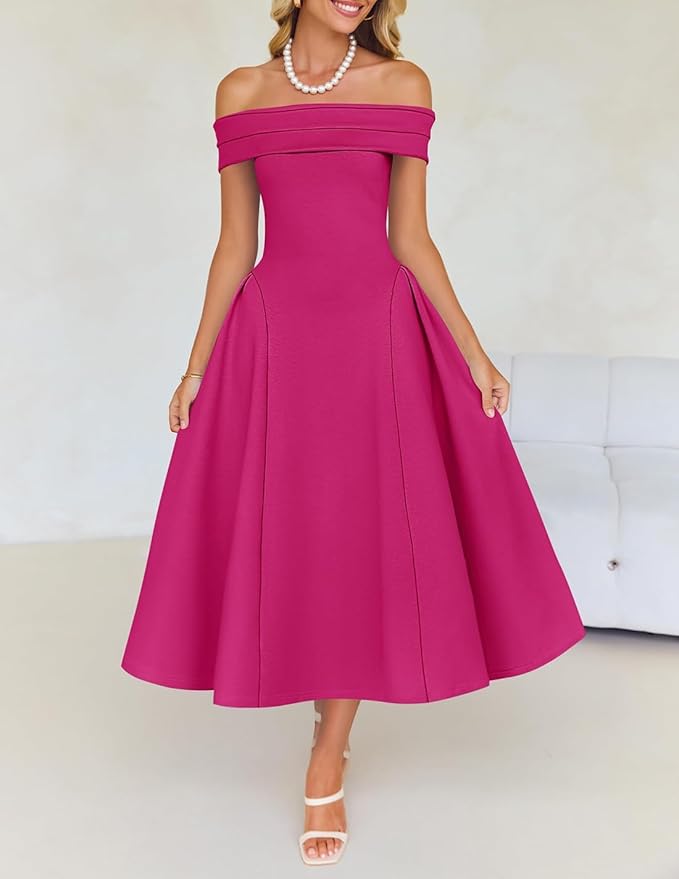 ZESICA Summer 2026 Cocktail Dresses for Women's Off Shoulder Short Sleeve Swing A Line Wedding Evening Party Midi Dress