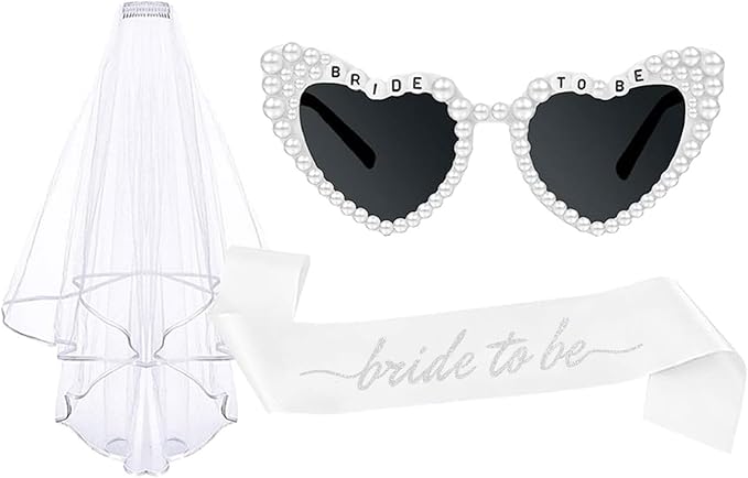 3PCS Glitter Silver Bride To Be Sash and Veil Bride Heart Pearl Sunglasses for Bachelorette Bridal Shower Engagement Party Favors Accessories