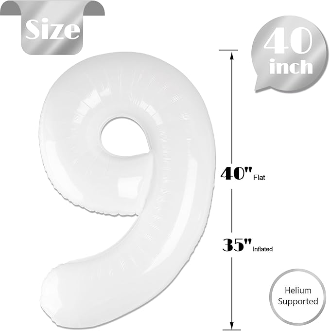 White Number 9 Balloon 40 Inch, 9th Birthday Party Decorations for Children, Giant 9 Foil Balloon for Party Supplies