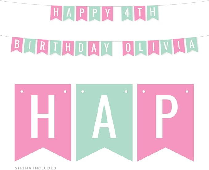 Andaz Press Personalized Hanging Pennant Banner Party Decorations, Pink, Seafoam Mint Green, Happy 4th Birthday Olivia, 1-Pack, Approx. 5-Feet, Custom Name and Number