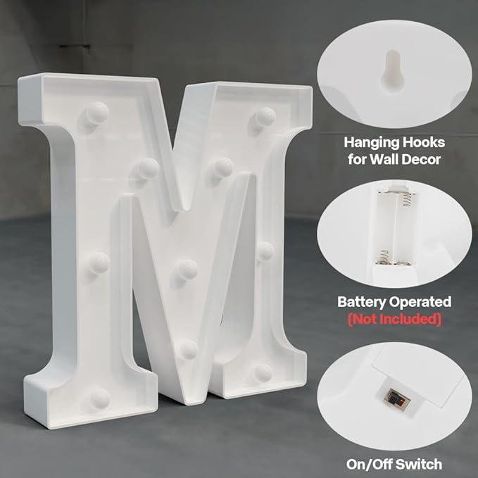 Light Up Marquee Letters - 26 Alphabet Battery Powered LED Lights Sign, Night Light White Plastic for Engagement Party Wedding Baby Shower Birthday, Marry Me (Letter M)