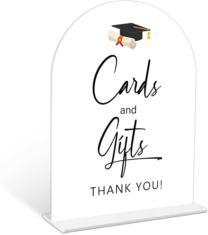 Graduation Cards and Gifts Sign, 6 x 8 Inch White Arch Acrylic Grad Party Sign with Holder, Graduation Party Sign for Class of 2026, Grad Decor, High School College Party Supplies - DL01