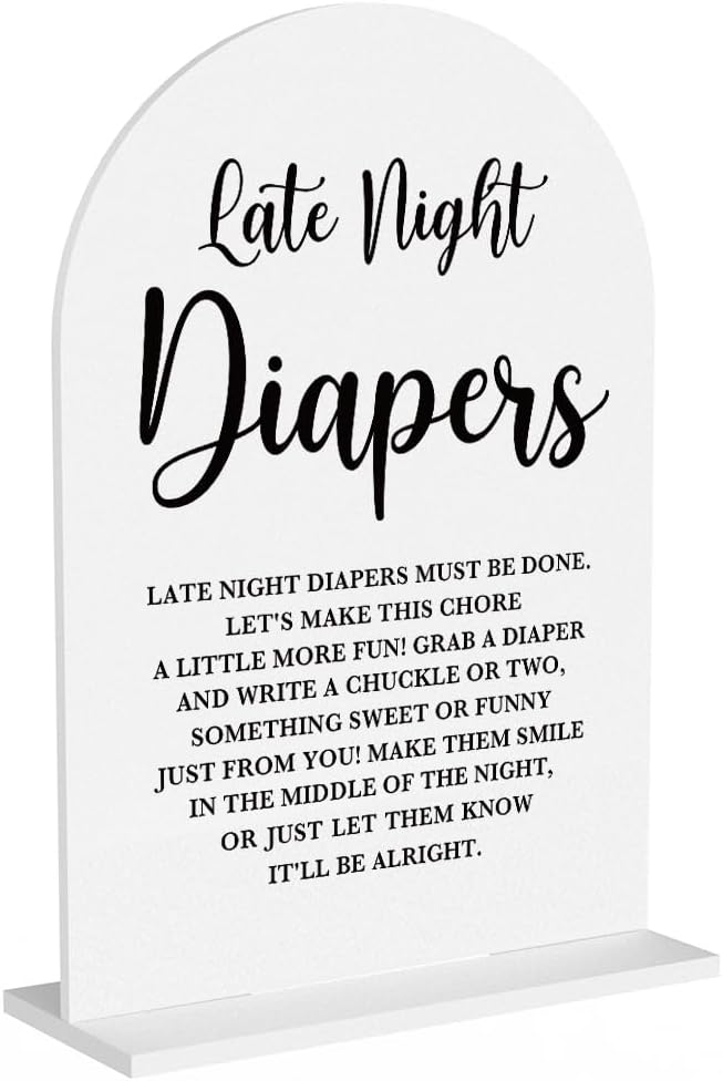 Baby in Bloom Shower Decorations, Baby Shower Sign, Newborn Gifts, Late Night Diapers Game Signs, Modern Calligraphy Arched Acrylic Table Top Signs With Stand for Birthday Party Decorations (White)