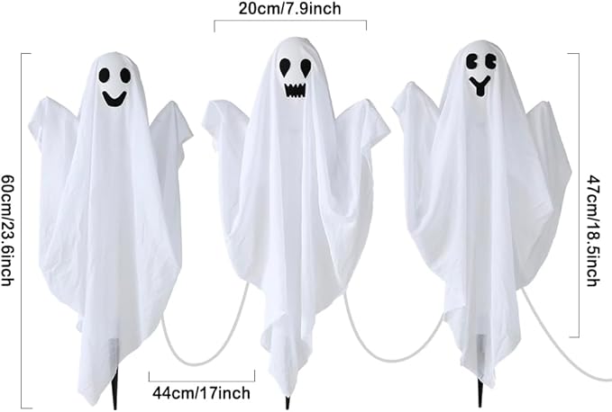 3 Pack Halloween Ghosts Decorations Outdoor,White Cloth Ghosts Stakes with Incandescent Light, Holiday Party Home Haunted House Yard Art, Front Yard Patio Lawn Garden Decor