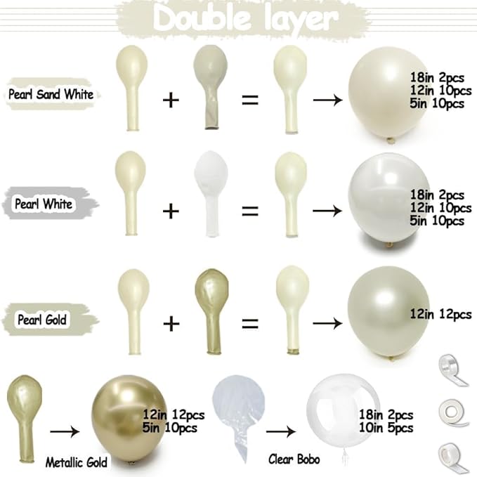 White Gold Balloon Arch Kit Double Stuffed Pearl White Sand Cream Gold Balloon Garland Ivory Beige Balloons for Baby Shower Wedding Bridal Shower Birthday Baptism Bachelorette Valentine Party Decor