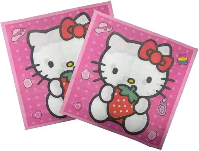 41 pcs Pink Cat Party Decoration Hello Cat Pink Kite Including 1pc Tablecover 20 pcs 7 inches Plates and 20 pcs 6.5 inches Napkins Cat Theme Birthday Party Decoration Favor Sets (Strawberry 41)