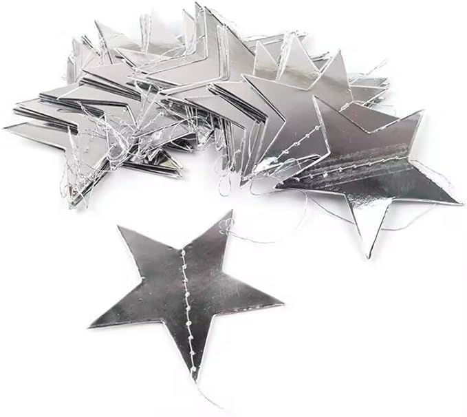 Silver Glitter Star Garland Hanging Decorations, Streamer Bunting Banner Decorations,65 Feet, Twinkle Star Backdrop for Graduation, Birthday, Wedding, Christmas Party, New Year (Silver)