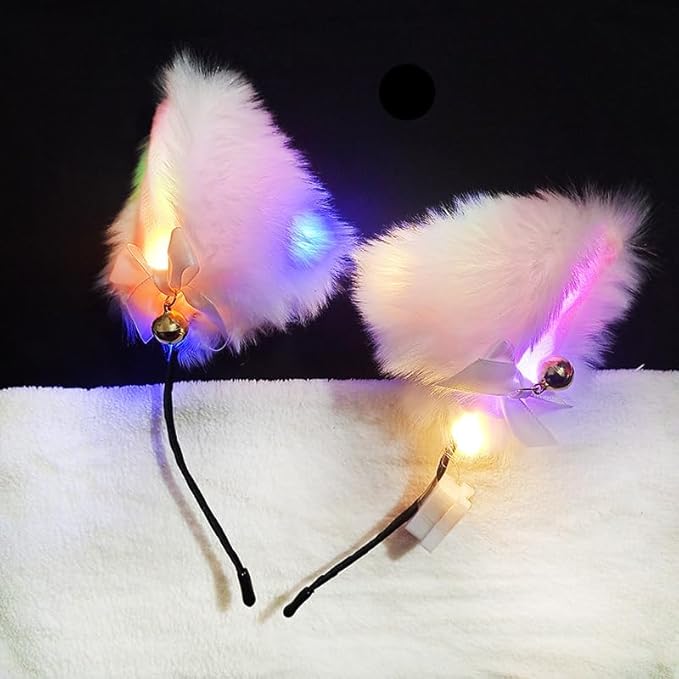 Light Up Headband Cat Ears With Bell Furry Headband Rave Accessories For Women Girls Valentine's Day Party Costume