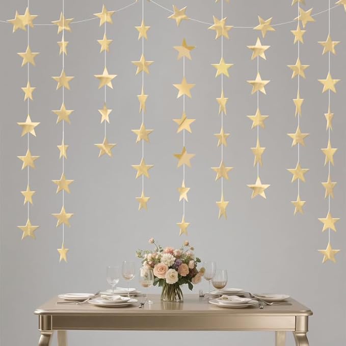 Champagne Shining Star Hanging Garland Champagne Hanging Sparkling Star Streamer Glitter Bunting Banner Twinkle Backdrop for Wedding Baby Shower Birthday Xmas Decorations 40 Feet