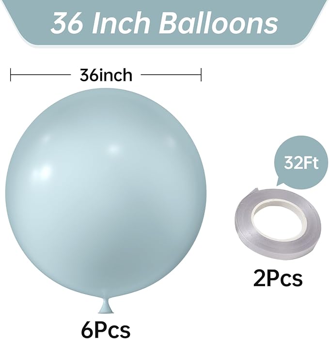 KALOR 36 Inch Giant Retro Misty Blue Balloons, 6 Pack Large Round Retro Misty Blue Latex Balloons for Anniversary, Birthday, Christmas, Wedding, Baby Shower Party Decorations