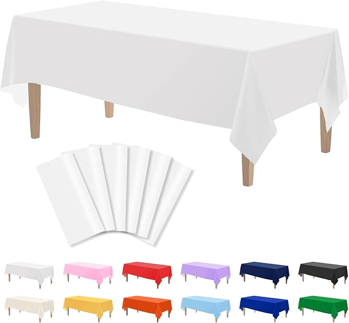 Kopokita 6PCS White Plastic Tablecloths 54 x 108 Inch, Disposable Table Cloths Rectangle Party Table Covers