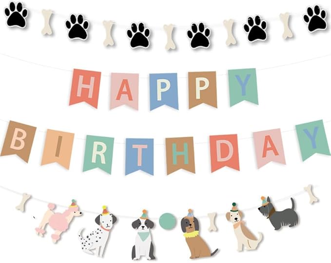Dog Theme Happy Birthday Banner with Cute Paw Banner,Dog Sign for Party Birthday Party Decorations