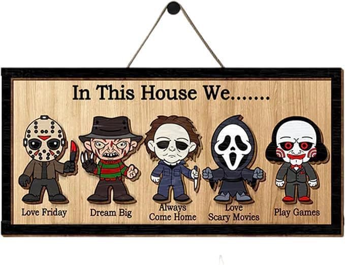 In This House We Horror Halloween, 2 Layered Frame Wood Sign, Halloween Signs, Wall Hanging Scary Decorations, Haunted Party, Spooky Movie Characters decor for Indoor Outdoor Wall Desk (HANG)