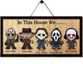 In This House We Horror Halloween, 2 Layered Frame Wood Sign, Halloween Signs, Wall Hanging Scary Decorations, Haunted Party, Spooky Movie Characters decor for Indoor Outdoor Wall Desk (HANG)