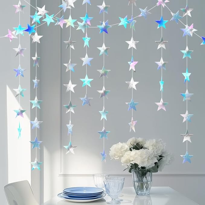 Iridescent Shining Star Hanging Garland Iridescent Hanging Sparkling Star Streamer Glitter Bunting Banner Twinkle Backdrop for Wedding Baby Shower Birthday Christmas Decorations 40 Feet