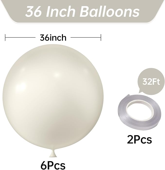 KALOR 36 Inch Giant Retro White Sand Balloons, 6 Pack Large Round Retro White Sand Latex Balloons for Anniversary, Birthday, Christmas, Wedding, Baby Shower Party Decorations