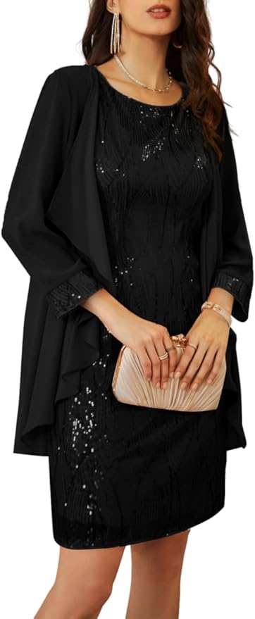 GRACE KARIN Women's Sequin Dress - Wedding Guest & Mother of The Bride Formal Dress - Two Piece Knee Length