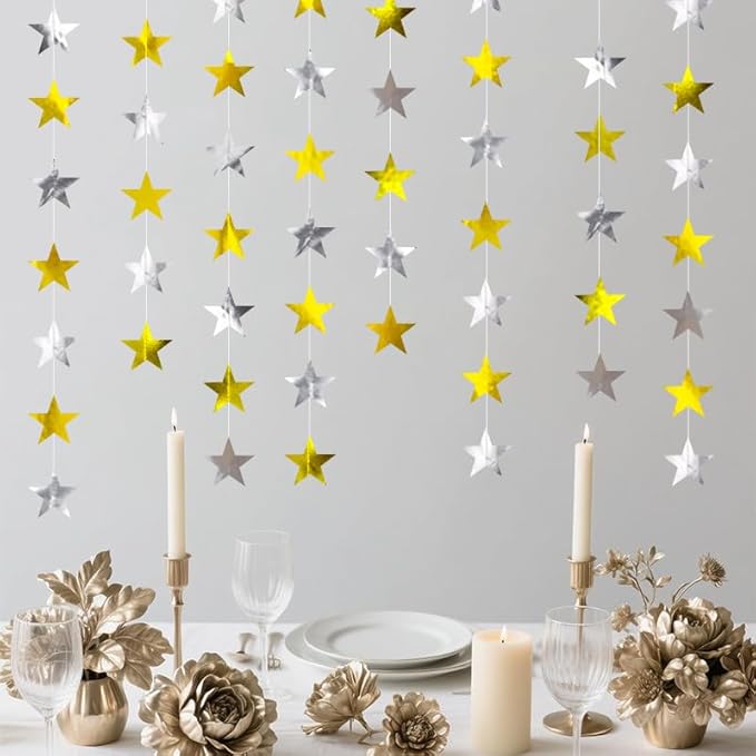 Gold Silver Shining Star Hanging Garland Gold and Silver Hanging Sparkling Star Streamer Glitter Bunting Banner Twinkle Backdrop for Wedding Baby Shower Birthday Christmas Decorations 40 Feet
