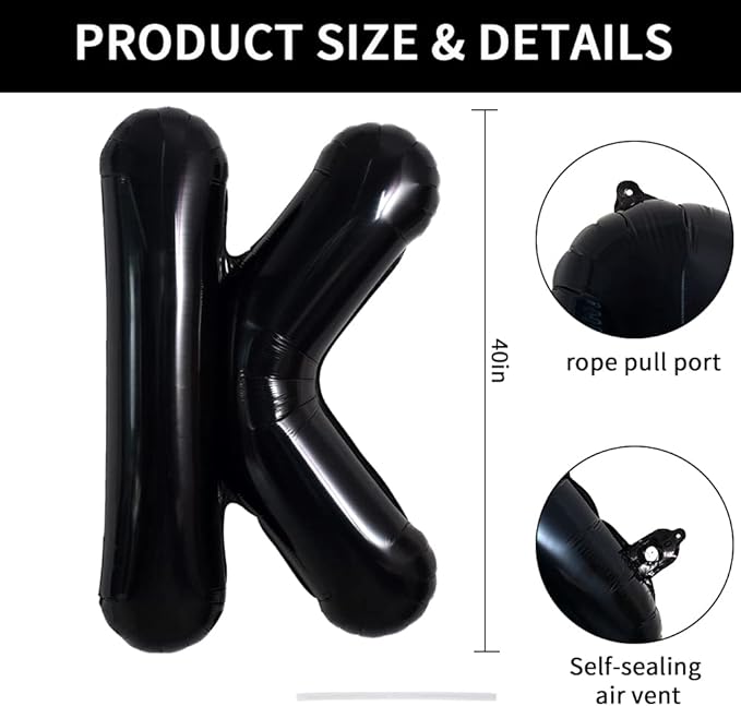 TONIFUL 40 Inch Black K Letter Jumbo Helium Balloons, Foil Mylar Big Alphabet Balloons for 2026 New Year Eve Graduation Wedding Baby Shower Birthday Party Anniversary Supplies Decorations