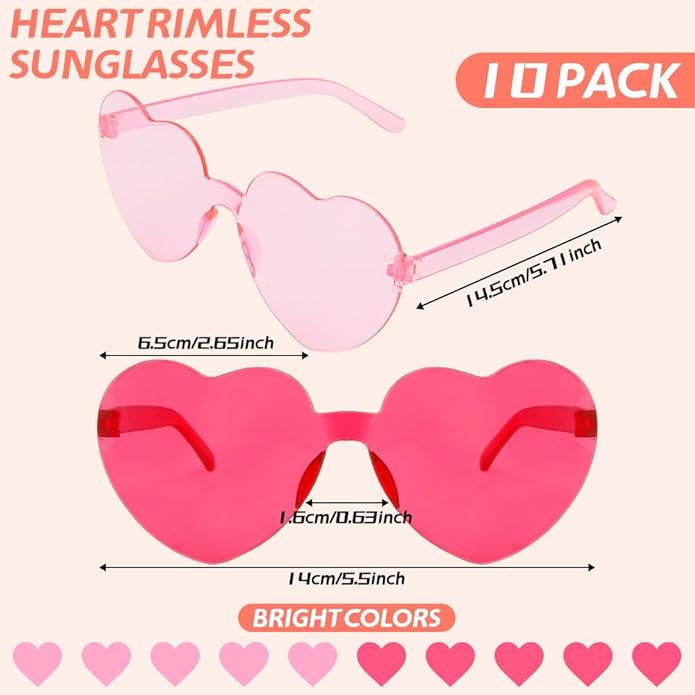 10 Pairs Heart Sunglasses Heart Shaped Sunglasses Bulk Rimless Clear Heart Glasses for Women Girl Party Favor