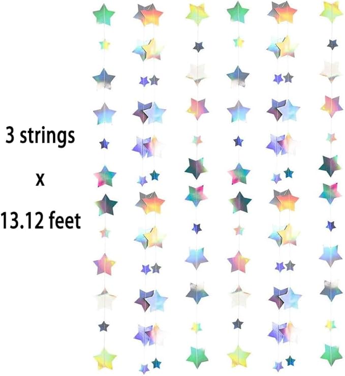 Iridescent Glitter Large Star Paper Garland Banner Décor 40 Feet Large Twinkle Star Hanging Bunting Banner Backdrop for Wedding Baby Shower Birthday Graduation Disco Party Decorations