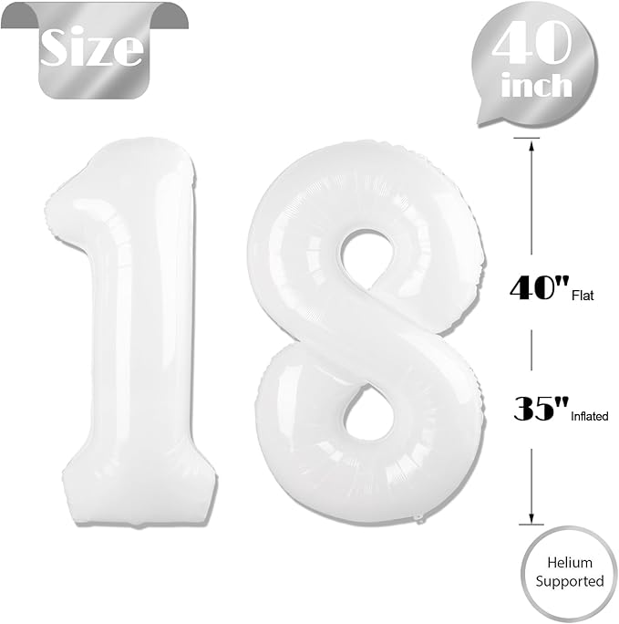 White Number 18 Balloon 40 inch, 18 Number Balloons, 18th White Birthday Decorations for Girls Boys 18 Year Old Party Supplies