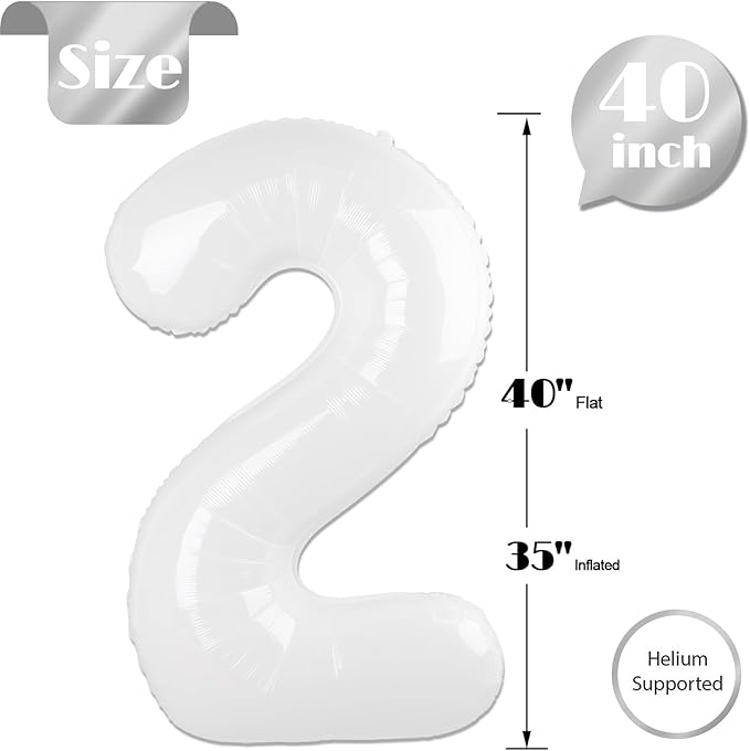 White Number 2 Balloon 40 Inch, 2 Balloon Number, 2nd Birthday Decorations for Baby Girls Boys Toddlers