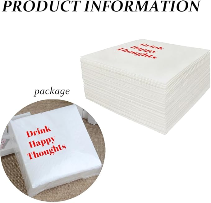Funny Cocktail Napkins 100Pcs Funny Quotes Saying Disposable Paper Party Napkins 4.5 x 4.5 Two-ply (Drink Happy Thoughts Napkins)