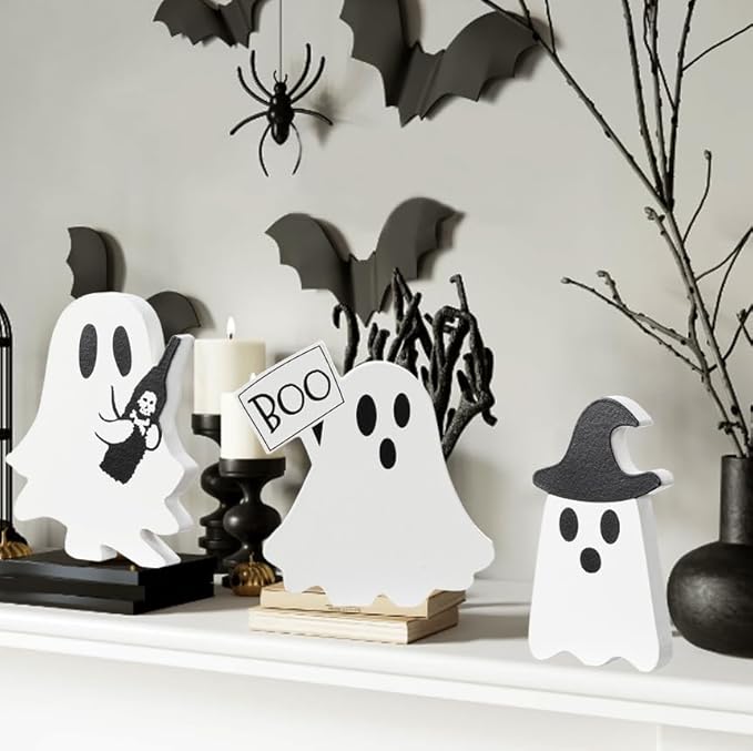Halloween Decorations Indoor, Halloween Tiered Tray Decor Table Sign, Cute Ghost Decor Wooden Signs Ghost Blocks, Halloween Table Decorations Party Decorations for Mantle Home Shelf