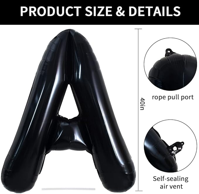 TONIFUL 40 Inch Large Black A Letter Balloon - Jumbo Helium Foil Mylar Big Alphabet for 2026 New Year Eve Graduation Wedding Baby Shower Birthday Party Anniversary Supplies Decorations